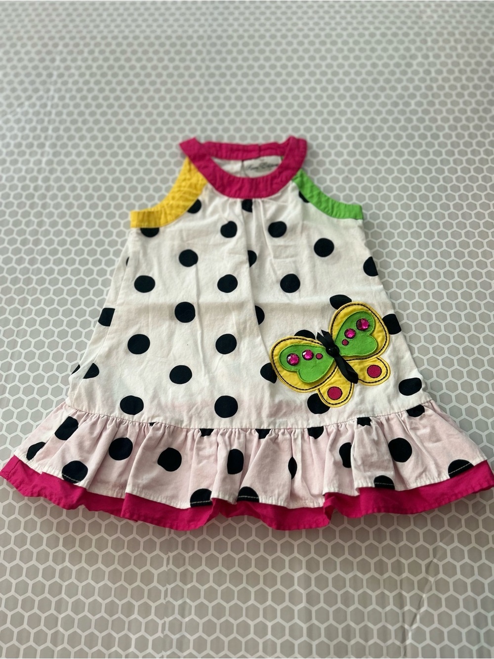 Rare Editions Pink Trim Girls Dress w A Butterfly and Gems. Cotton Size 24M